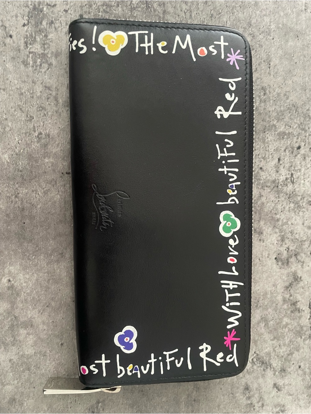 Christian Louboutin Panettone Leather Zip-Around Wallet with Multicolor Script